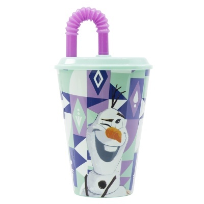 Copo de plástico com tampa e canudo roxo com imagem do Olaf de Frozen
