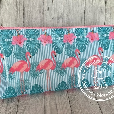 Necessaire Plastificada Grande Flamingos Rosa