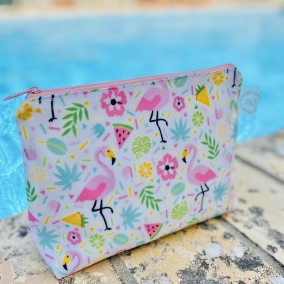 Necessaire Plastificada Pequena Flamingos Florais