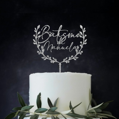 Topo Bolo Batismo Acrílico Glitter