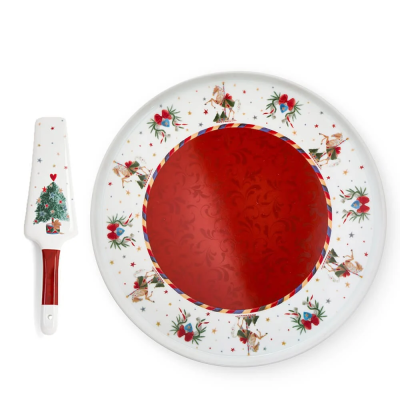 Christmas Carrossel Prato Bolo c/ Espátula Vermelho