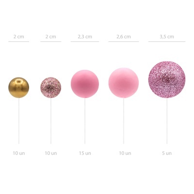 Toppers Bolas Rosa Claro Rosa Glitter e Ouro - conj.20