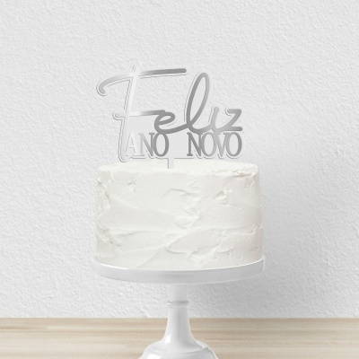 Topo Bolo Feliz Ano Novo Prateado