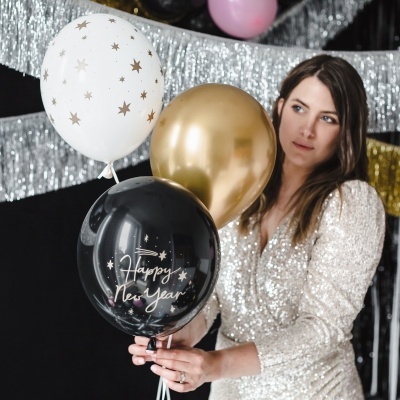 Conj. 6 Balões Pretos Happy New Year
