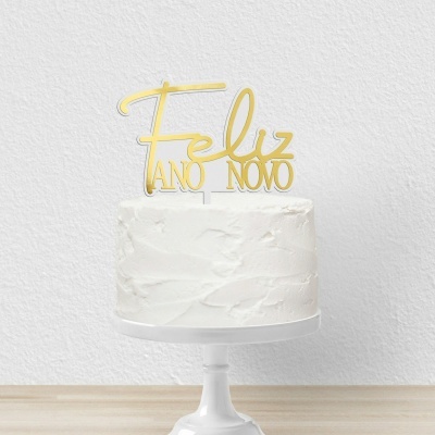 Topo Bolo Feliz Ano Novo Dourado