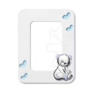 Moldura branca com corações azuis e ursinho prateado sentado