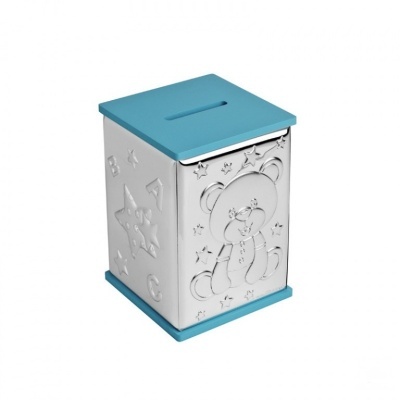 Poupança metálica com relevo de urso e stars azul e branco