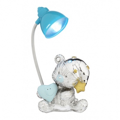 Candeeiro ursinho prateado com coração azul claro e aba azul