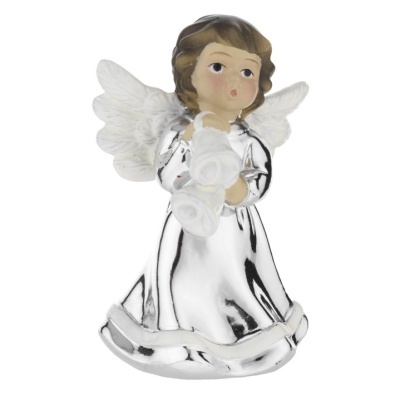 Estatueta de anjo em cerâmica com vestido prateado e asas brancas