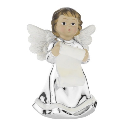 Figura decorativa de anjo prateado com asas e pergaminho