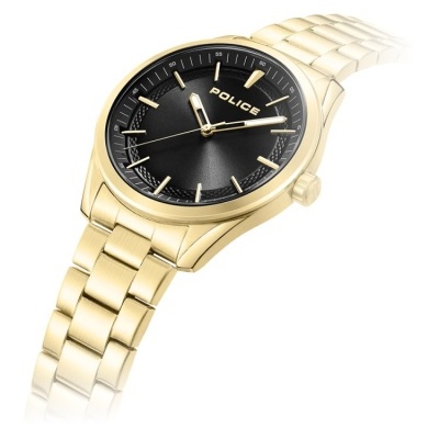 Relógio Police dourado com mostrador preto e bracelete em aço