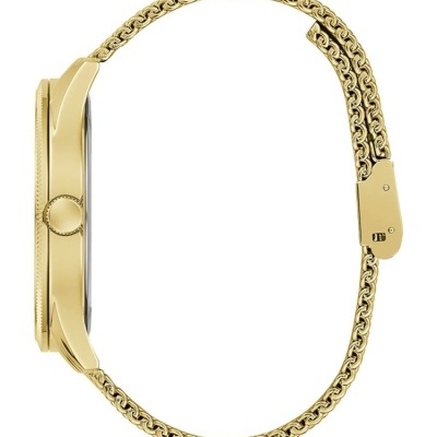 Relógio de pulso dourado com bracelete em malha metalizada