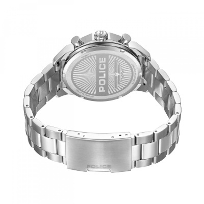 Relógio Police em aço inoxidável com texto e símbolo gravados na parte traseira.