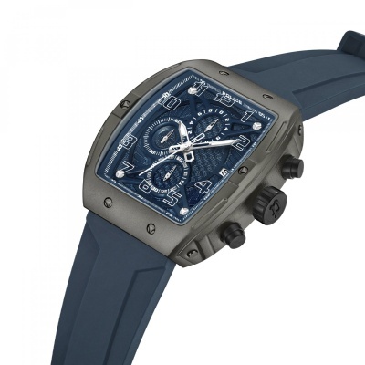 Relógio azul com bracelete de silicone e caixa metálica cinzenta