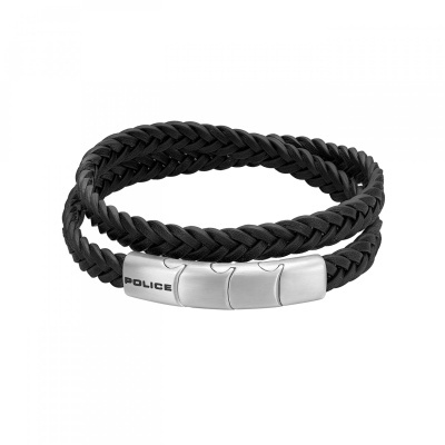 Pulseira de couro preto trançado com fecho metálico prateado onde está escrito POLICE