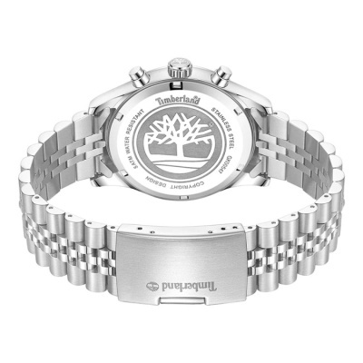 Relógio de pulso em aço inoxidável com logotipo e texto Timberland no fecho e na caixa
