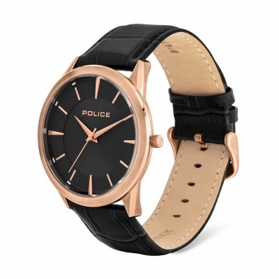 Relógio Police com caixa em ouro rosa, mostrador preto e bracelete preta em pele