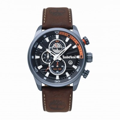 Relógio Timberland com bracelete de couro castanho e mostrador preto com detalhes laranja