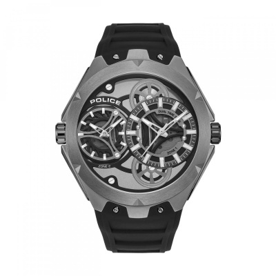 Relógio preto com mostrador cinza, duas zonas de tempo e bracelete preta