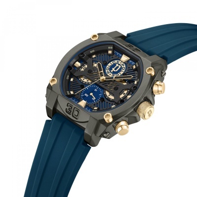 Relógio Police com mostrador azul, caixa metálica cinza e bracelete azul