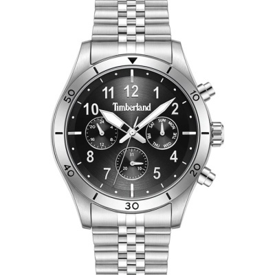 Relógio de pulso metálico prateado com mostrador preto e submostradores.