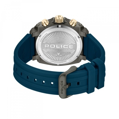 Relógio Police com pulseira azul e caixa em aço escuro com detalhes dourados