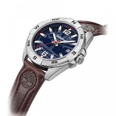 Relógio com bracelete castanha de couro e mostrador azul com bússola