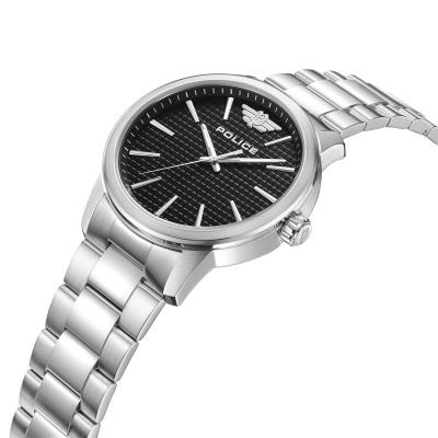 Relógio de pulso POLICE com mostrador preto e bracelete metálica prateada.