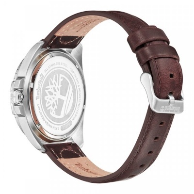 Relógio de pulso com caixa de aço e pulseira de couro castanho, parte traseira visível.