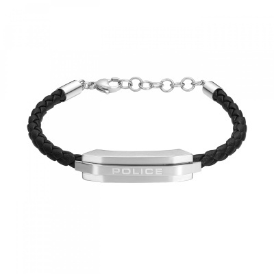 Pulseira com couro preto trançado e detalhe metálico gravado POLICE