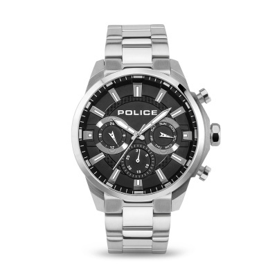 Relógio de pulso metálico prateado com mostrador preto e submostradores da POLICE