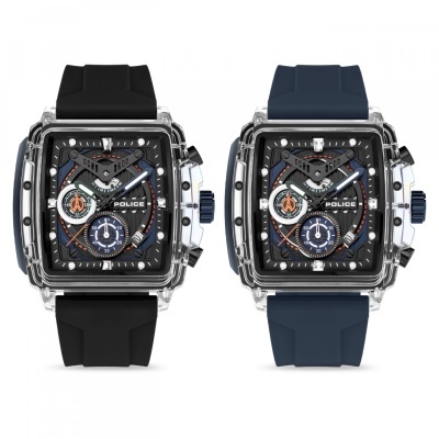 Dois relógios POLICE com caixa transparente e braceletes em silicone preto e azul