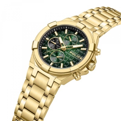 Relógio de pulso dourado com mostrador verde quadriculado e marca POLICE