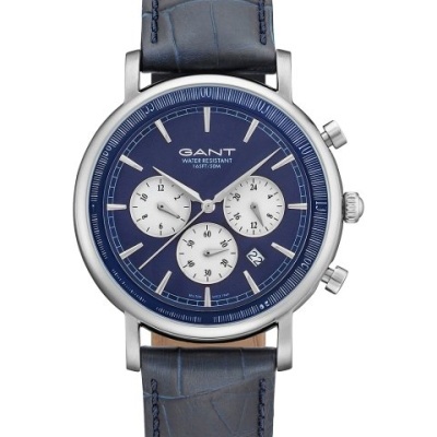 Relógio GANT com mostrador azul, submostradores brancos e pulseira azul em pele