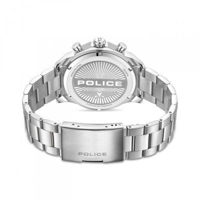 Relógio de pulso de aço inoxidável prateado com gravação POLICE no fecho e fundo da caixa.