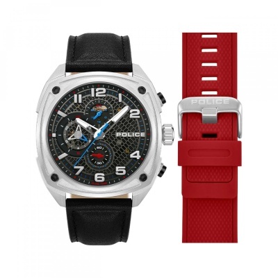 Relógio POLICE com bracelete preta de couro e bracelete vermelha adicional de silicone