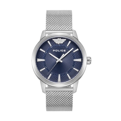 Relógio Police com mostrador azul texturizado e bracelete de malha prateada