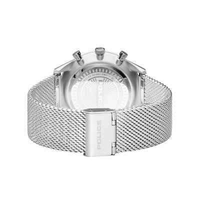 Relógio de pulso com bracelete metálica prateada e fecho 'POLICE'