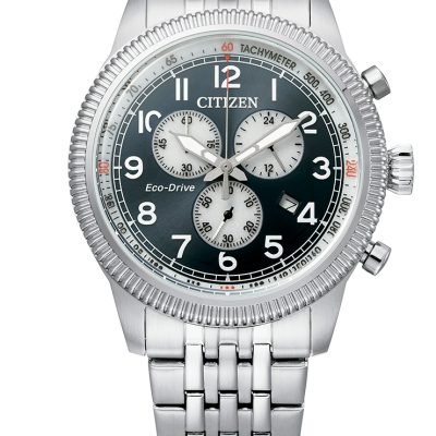 Relógio Citizen Eco-Drive em aço com mostrador preto e submostradores prateados