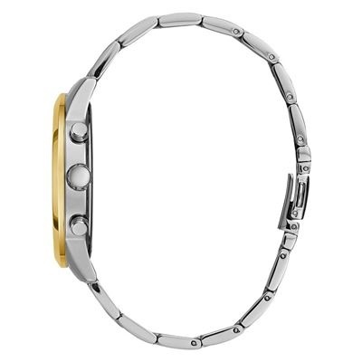 Relógio com bracelete em aço inoxidável prateado e caixa dourada