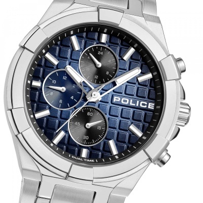 Relógio de pulso metálico com mostrador azul e detalhes pretos e brancos