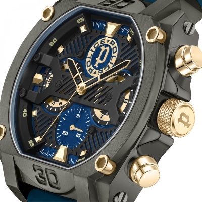 Relógio de pulso azul, preto e dourado com caixa metálica cinza e número 30 na caixa