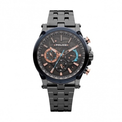 Relógio POLICE de aço preto com mostrador preto e detalhes em cobre e azul
