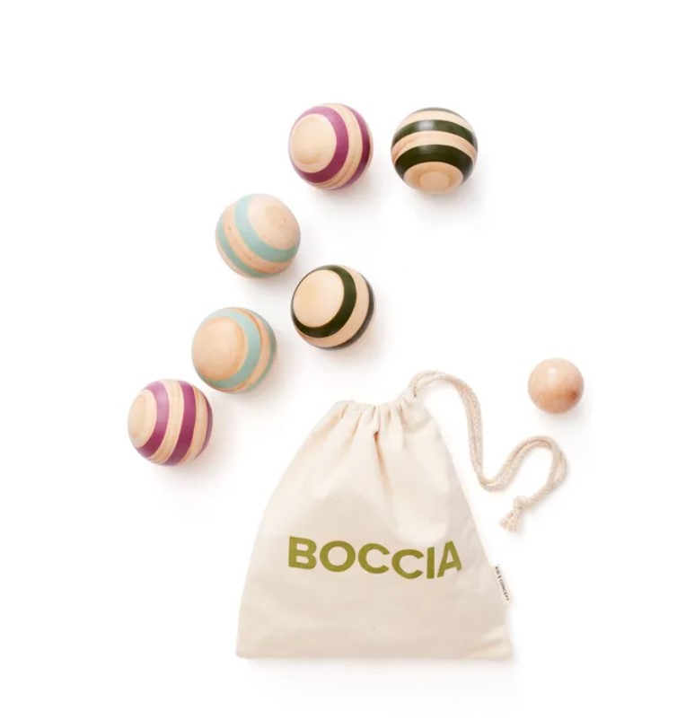 Boccia Jogo de boccia com bolas de madeira e saco com texto BOCCIA