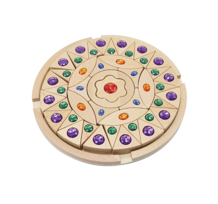 Mandala de Madeira Peças de madeira redondas com pedras coloridas em padrão circular