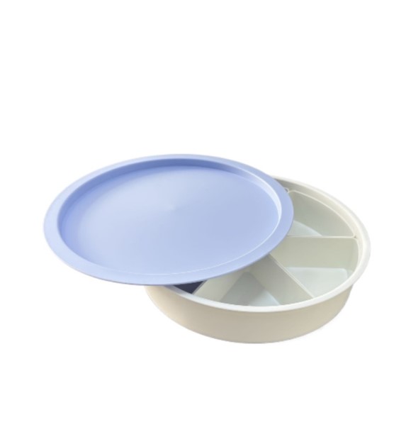 Bandeja Sensorial Play Bin Recipiente redondo em plástico com tampa azul e cinco compartimentos brancos