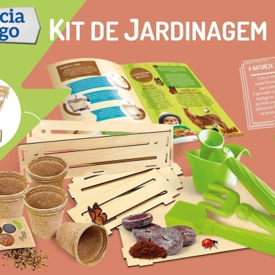 Kit de jardinagem com caixa de madeira, ferramentas verdes e vasos biodegradáveis