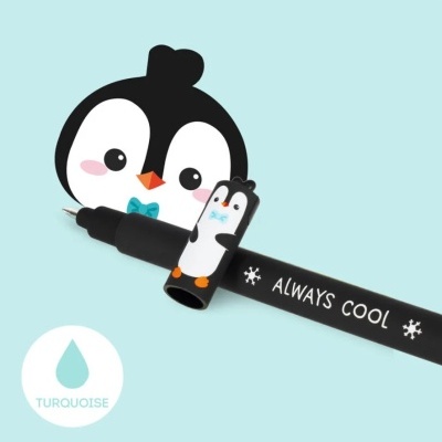 Caneta preta com tampa de pinguim e texto ALWAY'S COOL