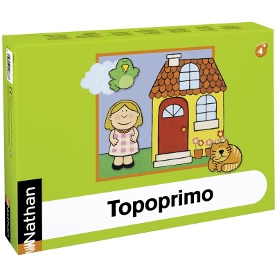 Caixa verde do jogo infantil Topoprimo com ilustração de casa, menina, gato e pássaro