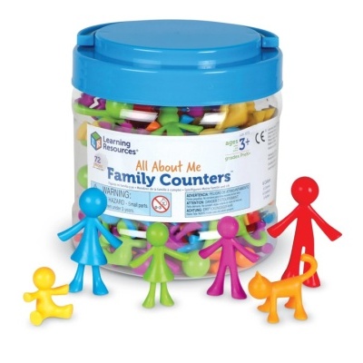 Frasco com contadores de família coloridos de plástico e figuras em volta